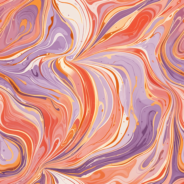 Generate a seamless marbling pattern inspired by the colours of a sunset. Blend warm tones like coral, peach, soft lilac, and gold. Use gentle gradients and smooth swirls to evoke the dreamy transition from day to night.