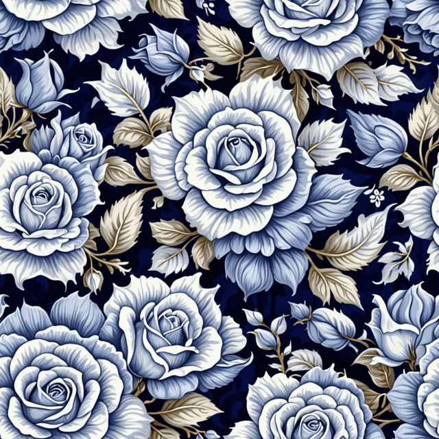 Design a seamless pattern with vintage blue and white roses, inspired by classic Delftware porcelain. Use intricate, fine detailing with crisp white backgrounds and varying shades of blue from navy to powder blue. The style should feel delicate, ornate, and timeless.
